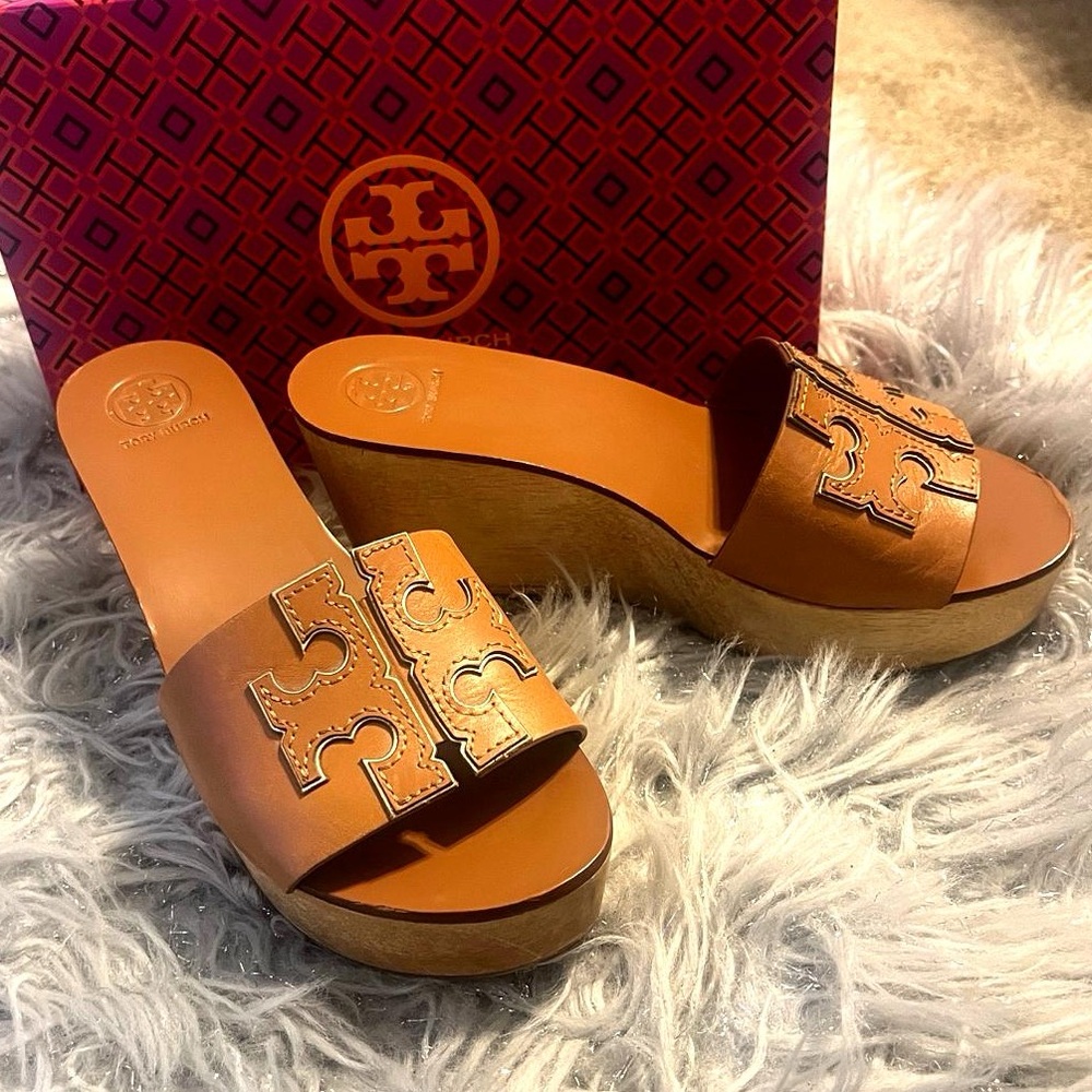 Tory Burch Ines Brown Leather and Wood Logo Wedge Platform Sandal 7